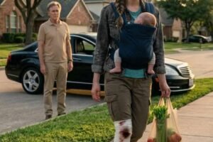 My dad saw me limping down the street, holding my baby and grocery bags, and asked where my car was. When I quietly explained that my partner’s mother had taken it and expected gratitude, his expression changed instantly.