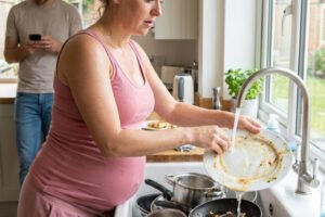 When I saw my eight-month pregnant wife washing dishes alone at ten at night, I called my three sisters and said something that left everyone speechless. But the most powerful reaction came from my own mother.