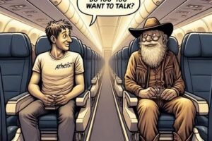 An atheist was seated next to an old cowboy on a plane