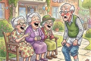 Three mischievous old grannies were sitting on a bench outside