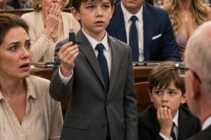 The courtroom air turned frigid as nine-year-old Ethan stood before the bench, his small fingers trembling slightly as he held the black USB