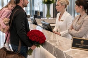 A widowed father was turned away at his own hotel with his sleeping daughter in his arms… but by the time the staff realized who he truly was, it was already too late.