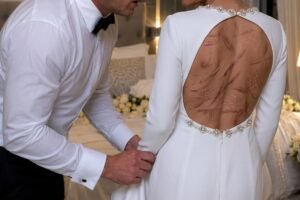 On our wedding night, I gently pulled down my wife’s wedding dress and was stunned to see the long scars etched across her body. “Who did this to you?”