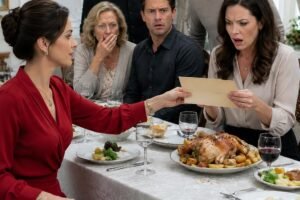 During dinner, my sister-in-law mocked me for being too old to have children and promised she would give the family the grandchildren they deserved. I calmly slid an envelope across the table. When she looked inside, the entire room fell silent.