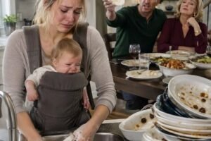 When I arrived at my daughter’s house, she was holding her crying baby with one arm while washing a mountain of dishes with the other.