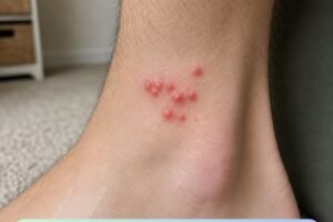 My toddler woke up with these tiny red bumps clustered all around his ankles. The nurse line is completely busy and he keeps scratching them. What is this?